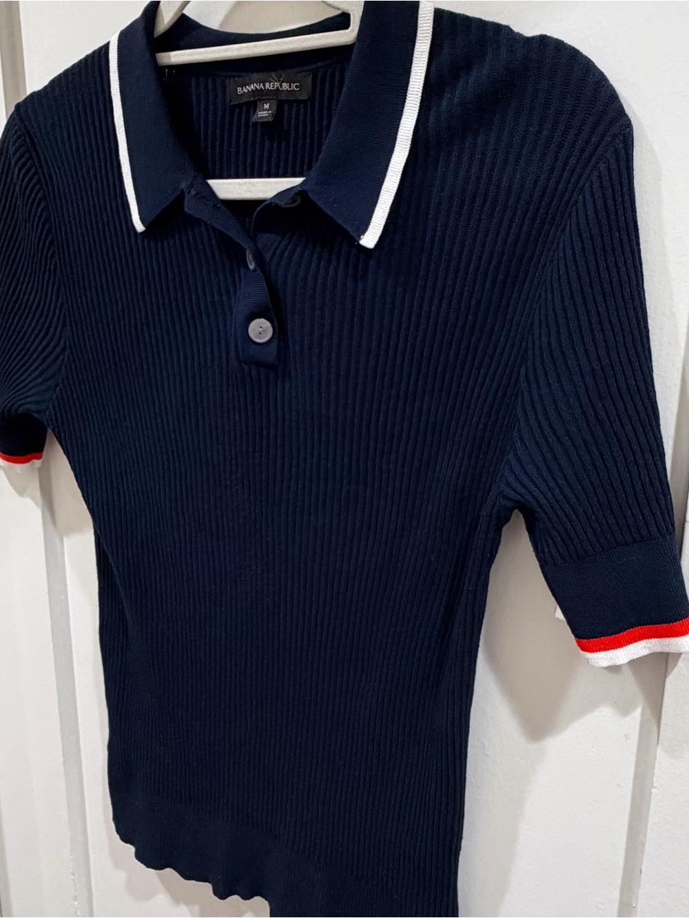 Banana Republic Ribbed Navy Short Sleeve Polo with White Collar Trim